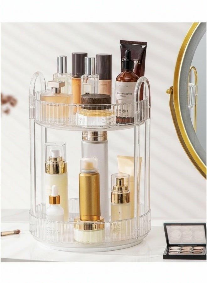 منظم مكياج دوار مع حامل فراشي المكياج، وفر 80% من مساحة التسريحة مع منظم مستحضرات تجميل فاخر 2 دور، حامل عناية بالبشرة دوار 360°، شفاف - Image 2